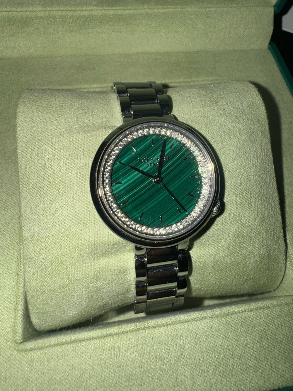 Silver Bracelet Watch with Green Malachite Dial and Crystal Bezel